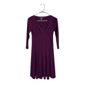 Ralph Lauren Women's Burgundy V-Neck Ruched Stretch Fit & Flare Dress Size 2P